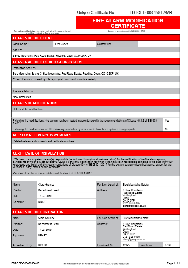 Fire Alarm Certificate